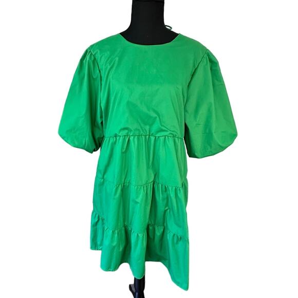 Emelia Dresses & Skirts - Emelia Kelly Green Puff Sleeve Tiered Ruffle Tie Back Dress, Size M